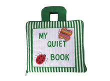 Green and white striped 'My Quiet Book' with embroidered ladybug and butterfly on a light gray background