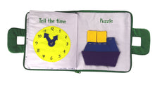 Children's book with a clock illustration and puzzle layout on a plain background