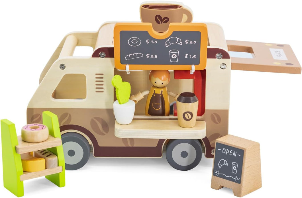 Wooden toy coffee truck with a character serving a coffee, surrounded by additional wooden items on a white background.