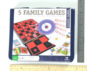 5 Family Games (Checkers, Tic tac toe, bingo, Old maid & war card games)