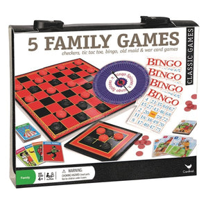 5 Family Games (Checkers, Tic tac toe, bingo, Old maid & war card games)