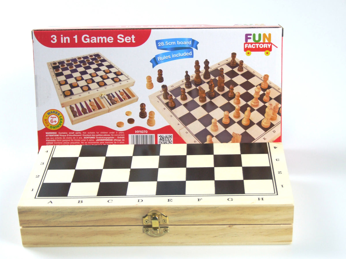 Fun Factory - 3 in 1 Fold Up Game Set: Chess, Checkers and Backgammon ...