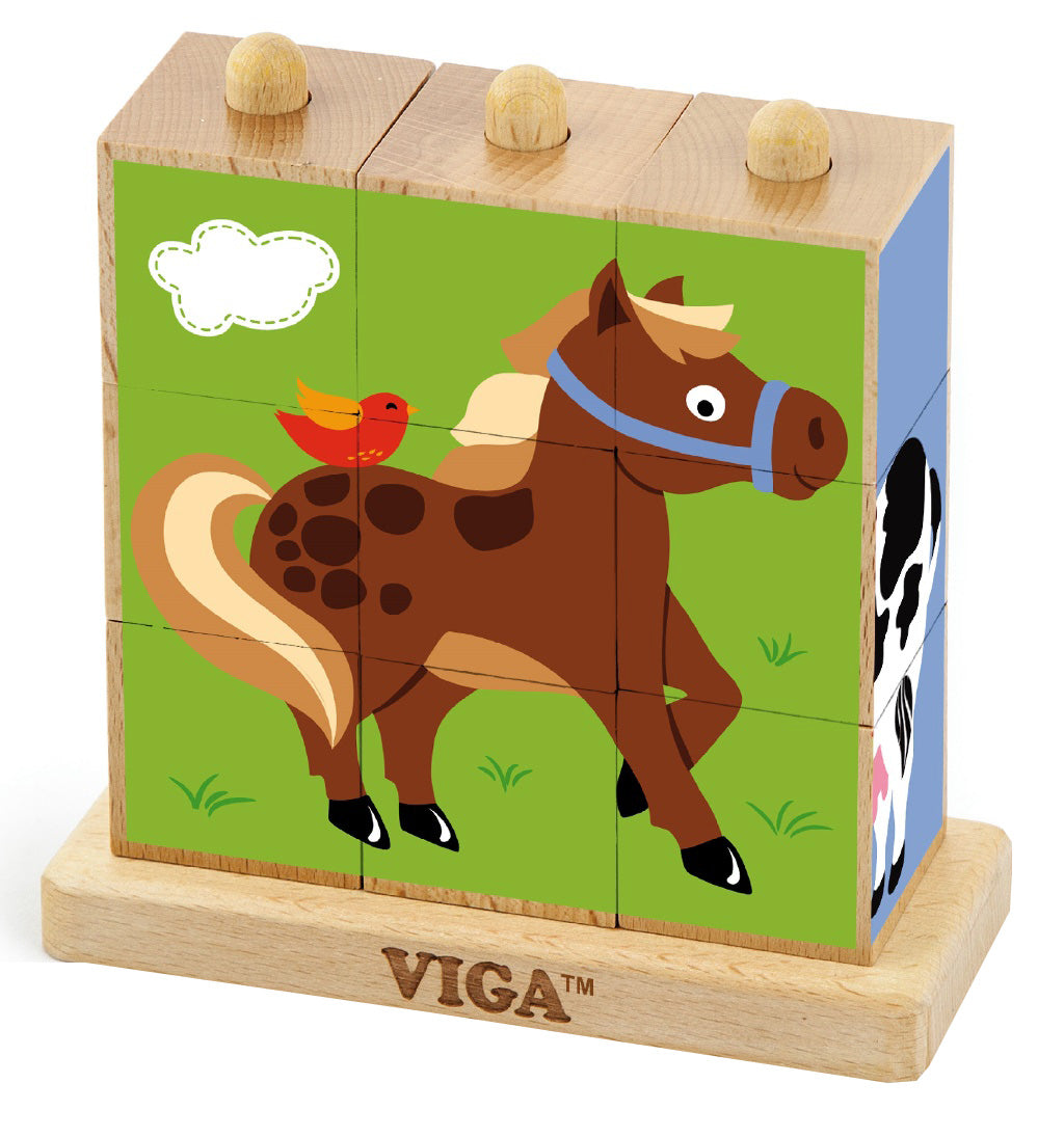 Viga - 9 pcs Wooden Cube Puzzle Farm