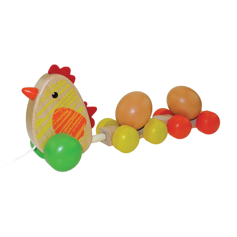 Wooden Pull along Hen with two eggs