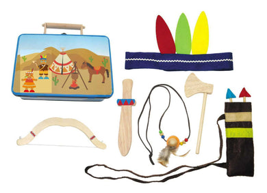 Wooden Indian Set in a tin Case