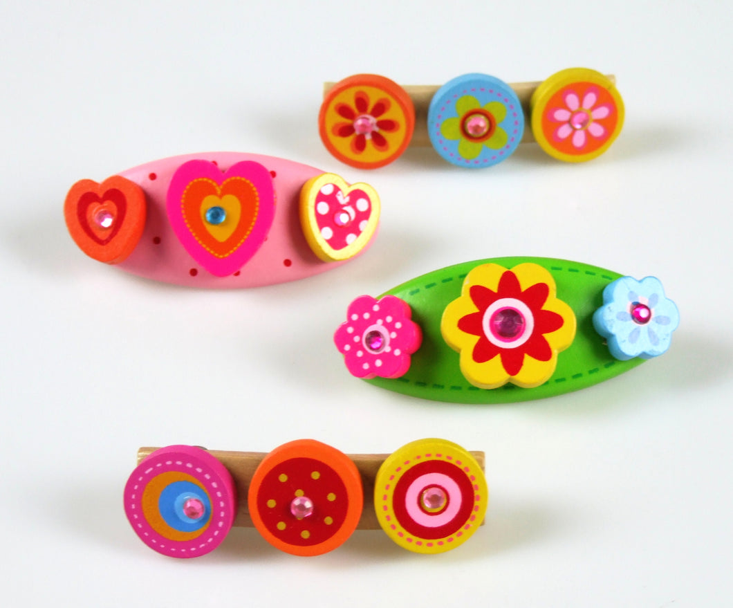 4 Pcs Wooden Kids Hair Accessories with Barette Clips  (Pink Heart / Yellow Flower)