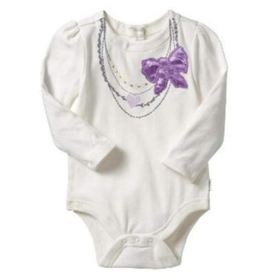 Girls White Romper Long Sleeves Purple Ribbon